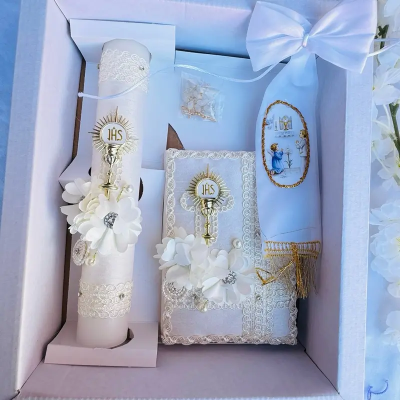 8-Inch Religious 4-Piece Ivory Traditional Elegant First Communion Candle Set - New Testament-Themed, Rosary-Included Decorative Sacrament Ceremony Decoration, Box-Packaged Kids' Gift, Festive Party Accessory
