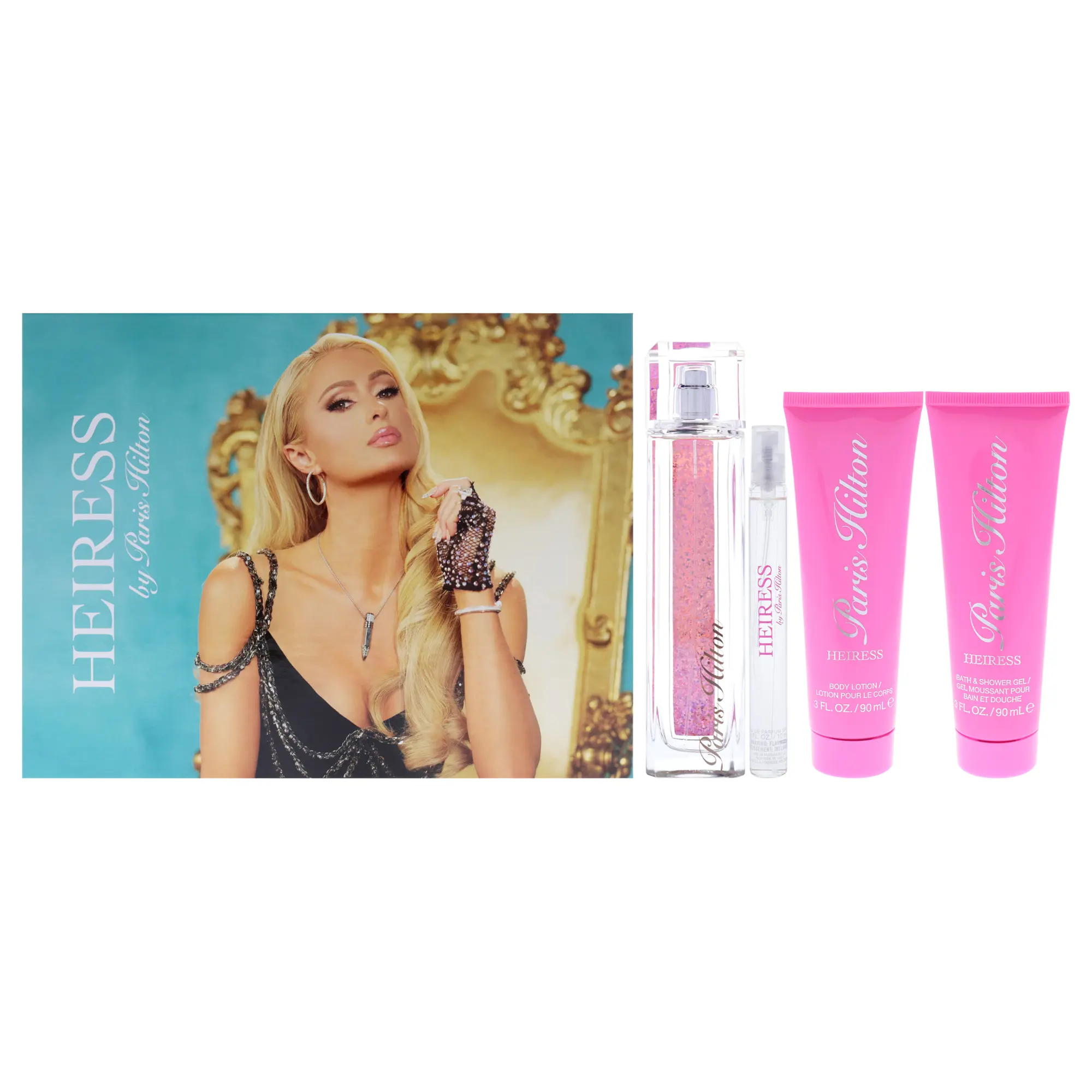 Heiress by Paris Hilton Women's Unisex Fragrance 4-Pc Gift Box Set - 3.4oz EDP Spritz Spray, 0.34oz Mini Edition Small Bottle EDP Spritz Spray, 3oz Body Care Lotion, 3oz Body Care Bath & Shower Gel, Gift Box Set Unisex Fragrance, Mini Edition Unisex Fragr