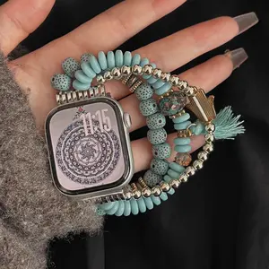 Ethnic Style Tassel Pendant Turquoise Beaded Silver Color Rhinestone Watch Band Replacement for Apple Watch S10/9/8/7/6/5/4/3, 49mm-38mm Smart Watch Accessories Smart Watch Straps