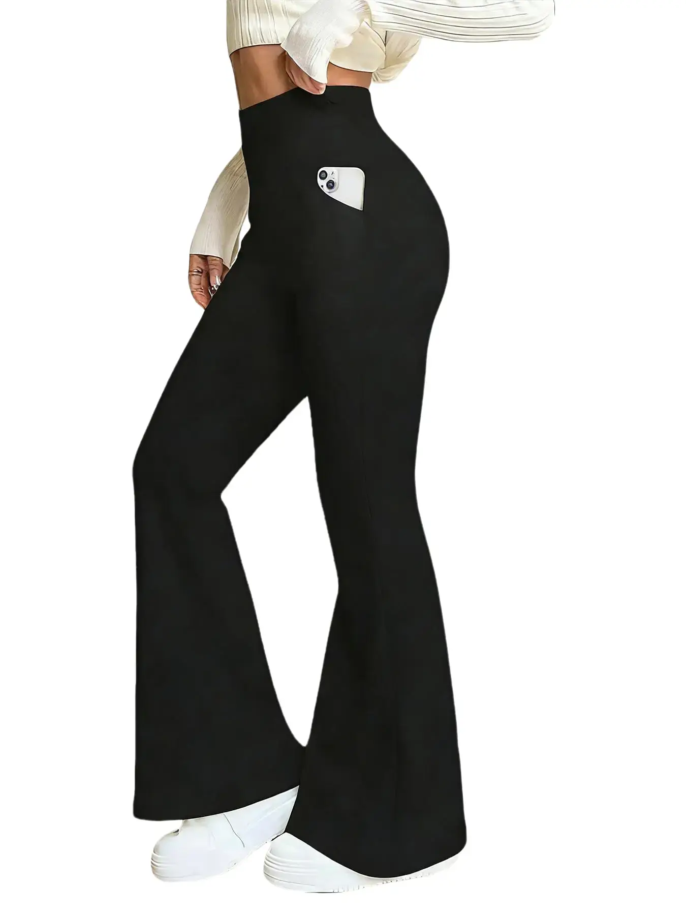 Women's High-Rise Neat Wide-Leg Pants - Comfortable Soft Polyester, Elastic 360° Stretch, Belt, Pockets, Lightweight, Slightly Flared, Athletic, Slimming, Leg-Shaping, Height-Enhancing Women's Bottoms, All Seasons Trousers, Casual Comfy Stretchy, Bottom,
