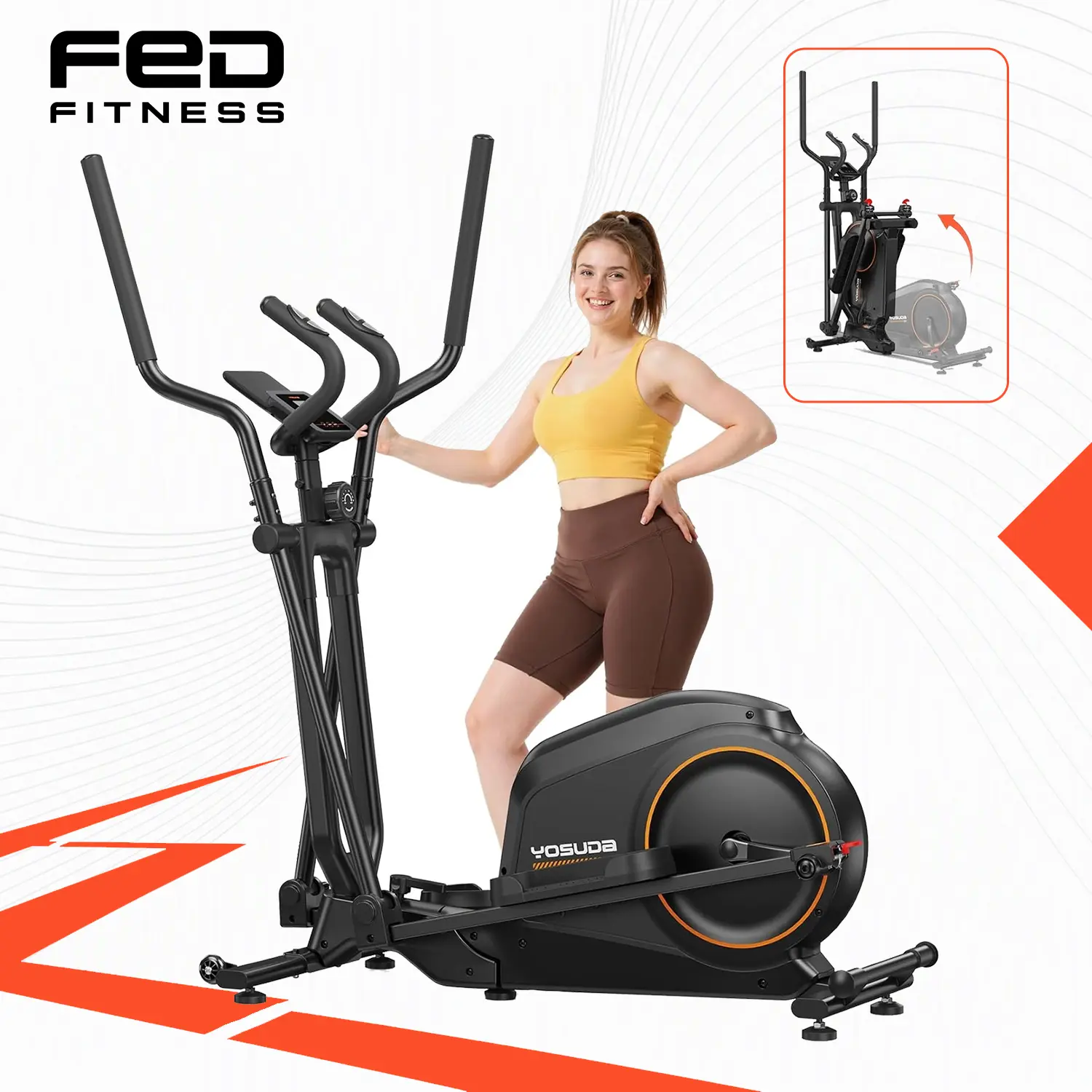 FED Fitness Yosuda Series EM7 Foldable Magnetic Drive Elliptical Machine - 15in Stride, 2 sq ft Compact Small Space Design, 16 Resists, 400 lbs Capacity, Silent Operation, Real-Time Metrics, Phone Entertainment
