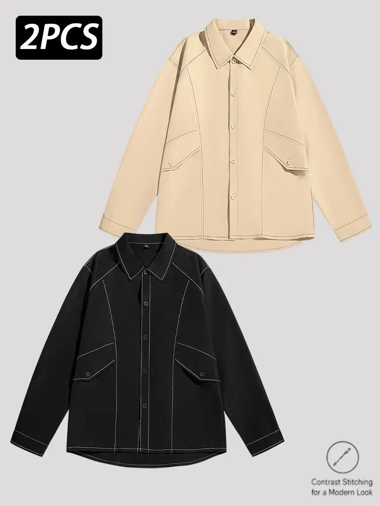 1/2 Pack Men's Oversized Button-Up Shirt, Long Sleeve Contrast Stitching Overshirt with Point Collar, Button Front and Flap Pockets, Casual Streetwear Layering Top for Daily Wear, Black/Beige