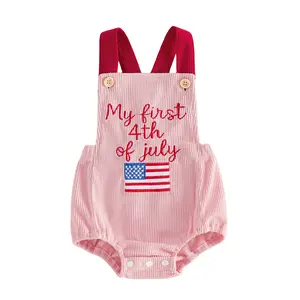 Newborn Baby Girl 4th of July Romper Casual Ribbed Letter American Flag Embroidered Sleeveless Jumpsuit 0-18 Months