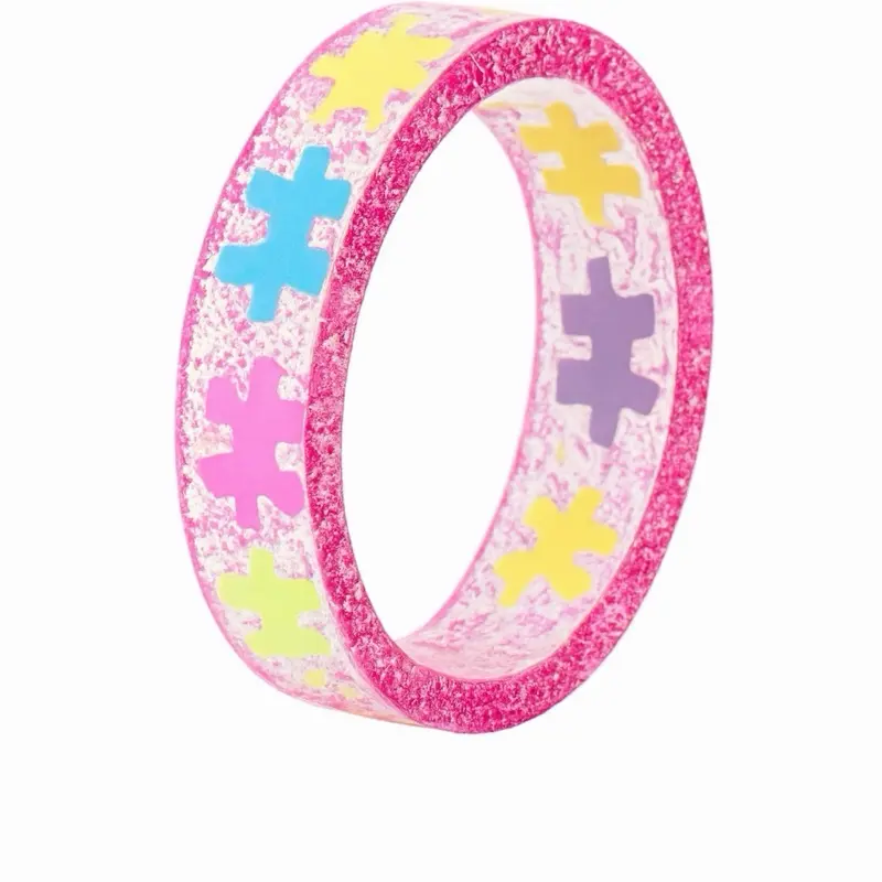 Handmade Autism Heart Resin Ring with Colored Puzzle Pieces Unisex Clear Resin Jewelry for Gift Giving