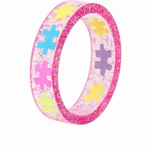 Handmade Autism Heart Resin Ring with Colored Puzzle Pieces Unisex Clear Resin Jewelry for Gift Giving