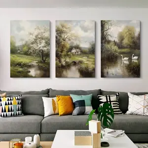 3 Pieces Optional Wooden Frame Lake Bridge Alpine Forest Grassland Boat Wall Art Canvas Painting Nordic Wall Poster And Print Picture Living Room Decor Living Room Sofa Background Mural Color Accurate Reproduction Hanging Painting
