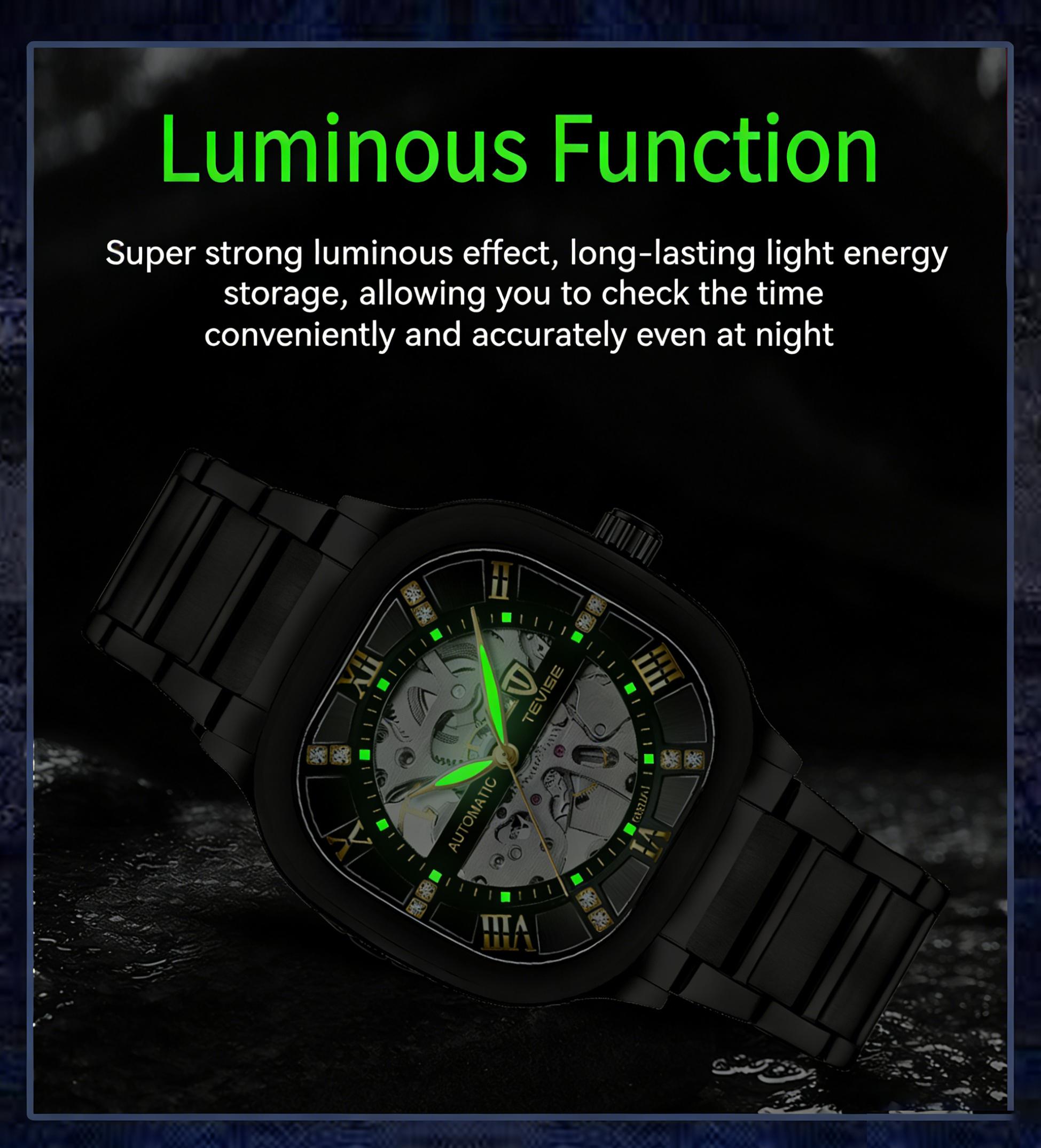 Luxury Men's Skeleton Automatic Watch, Gold Accent, Square Case, Business Stainless Steel Timepiece