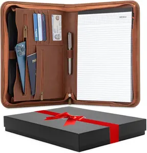 Professional Faux Leather Padfolio Binder Travel Organizer Pouch for Tablet, Documents, Presentation Folders, with Zipper Closure & Notepad - Brown