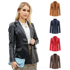 Women's 2025 Small Blazer Long Sleeve Single Button Fitted Leather Jacket for Commuter Casual Solid Color Basic Chic Elegant Outerwear leather jacket women coat for women