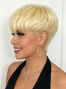 Short Straight Human Hair 613 Blonde Pixie Cut Wig With Bangs 150% Density Glueless Full Machine Made For Women