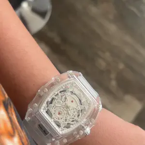 Men's Luxury Transparent Waterproof Barrel-Shaped Tonneau Skeleton Quartz Watch with Calendar Display & Luminous Markers Water Resistant Wristwatch for Daily Party & Outdoor Use Great Birthday Gift Idea with Tin Box Included