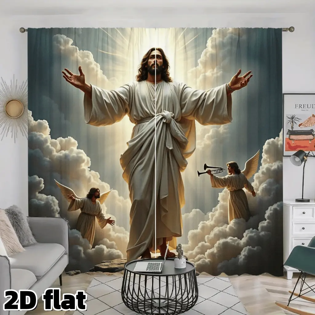 2D Flat 2Pcs Religious Art Sheer Printed Curtains Sky Angels Scene Print Rod Pocket Semi-sheer Polyester Panel Divine Inspirational Theme Light Filtering Drapery Window Drapes for Living Room Bedroom Church Prayer Window Treatment