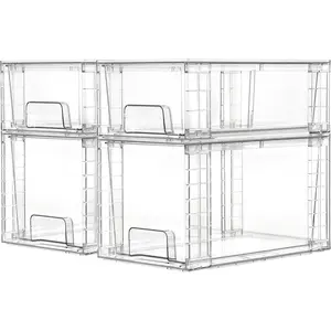 Vtopmart 4 Pack Clear Stackable Storage Drawers,Easy to Assemble Bathroom Organizers and Storage with handles,Plastic storage drawers for Kitchen Pantry,Cabinet,Under Sink Organization