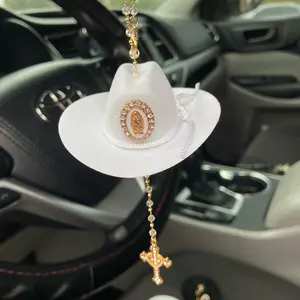 Virgin Marry Car Blessing Charm. Handmade Protection Gift Decoration, White Sombrero, Cross pendant