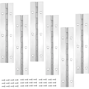 6Pack Silver Continuous & Piano Hinge 1.2" Open Width X 0.04" Thickness X 6" Heavy Duty with Hole - Polished Stainless Furniture Hinge for Boats Cabinets Storage Box, 36 Screws Included