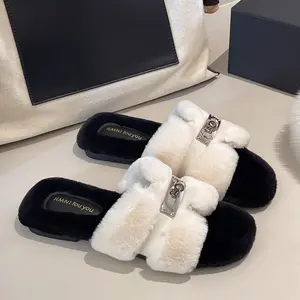 Plush Slippers with Metal Buckle Decoration - Elegant & Versatile Flat Slippers for Women Khaki