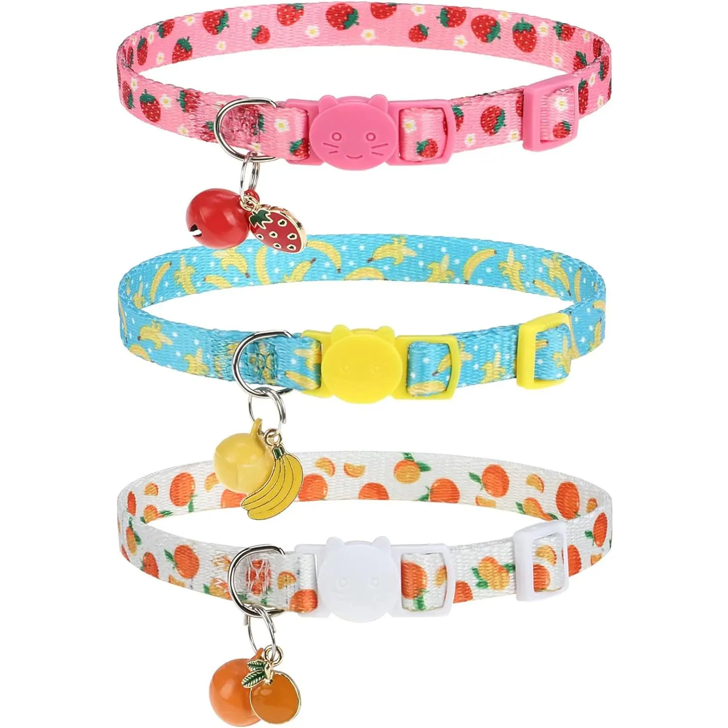 3-Count Adjustable Polyester Breakaway Cat Collars - Removable Bell, Fruit Prints (Banana Pattern), Easy Wash, 8-12 in Safe Escape Collars for Small Pets, Ideal for Daily Replacement, Vitality & Independence Day Themed, 8 - 12 Inches