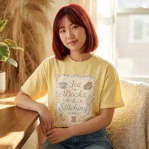 Tea Books & Stitching T-shirt | Reading, Sewing, Cozy Hobby Design