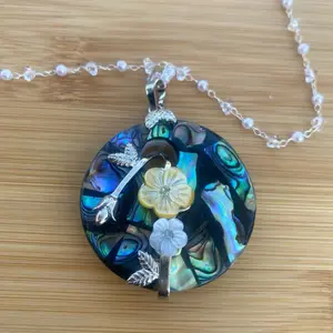 Rainbow Abalone with Floral decor and glass chain with glass beads and pearls