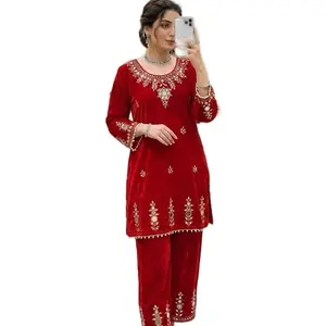 Indian Pakistani Velvet Dress with Embroidered Details and Matching Pants for Festive Wear 2 piece set