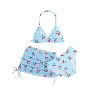 New White Cherry Print Split Bikini Halter Beach Dress with Side Drawstrings, Medium to Large Girls' 3pcs Swimwear Set