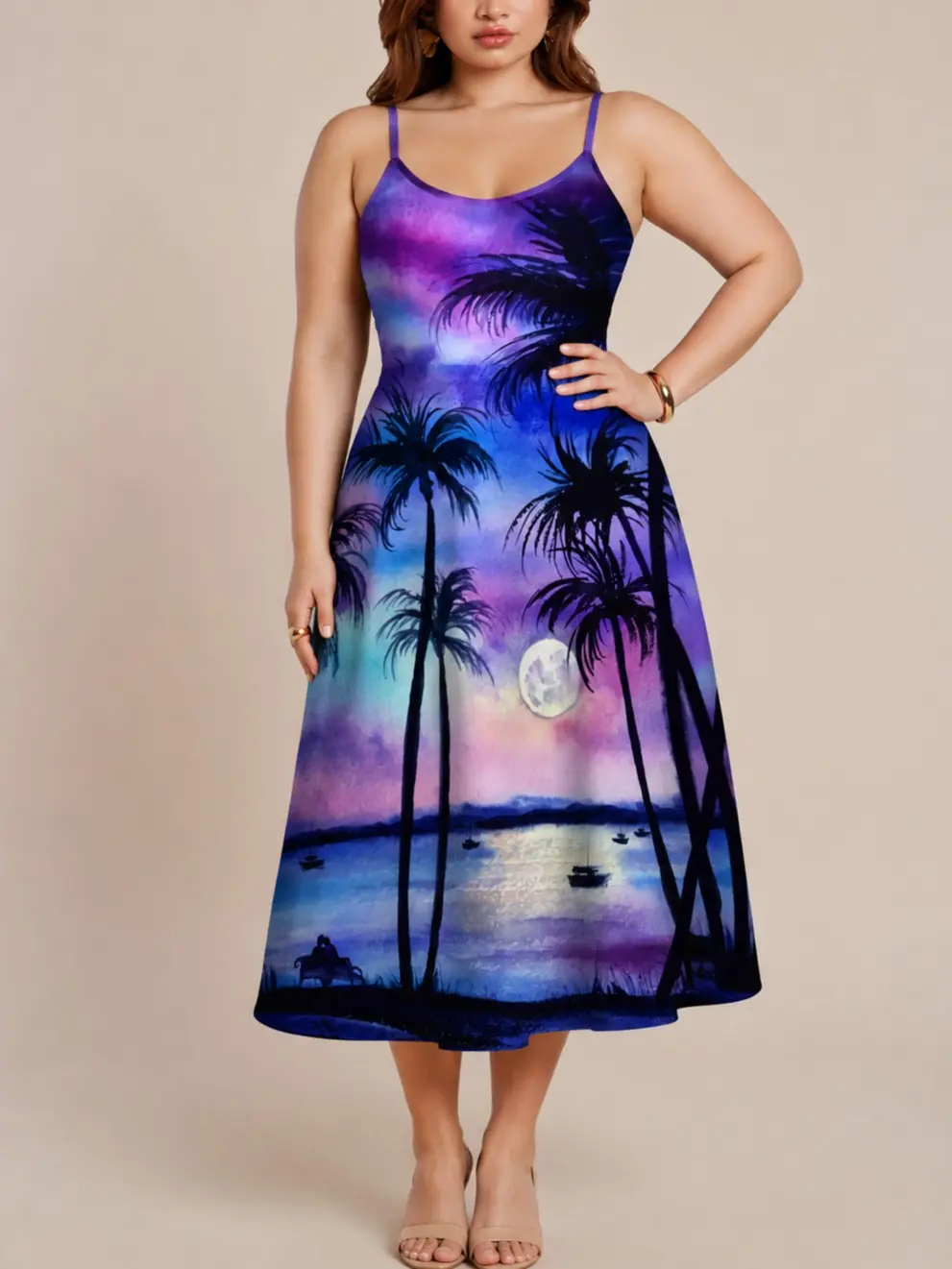 Rgothic Plus Size Gradient Moon & Tree Print Tank Dress, Casual A-Line Fit with Straps, High Stretch Fabric for Summer Vacation, Sleeveless, Coconut, Hawaiian