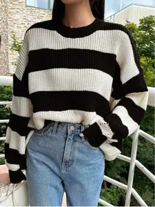 Women's Loose-Fit Striped High Neck Sweater, Long Sleeve, Comfortable Fashion Knitwear for Fall & Winter, Casual Layering Essential Tops Womenswear
