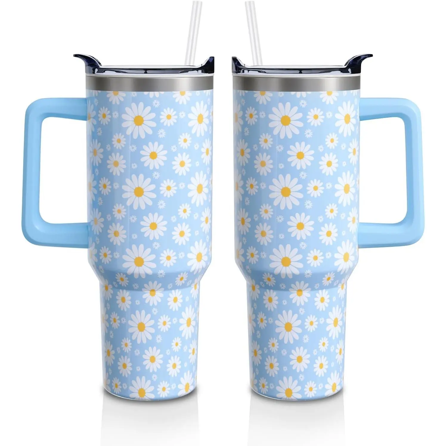 Women's 40oz Insulated Stainless Steel Daisy Floral Tumbler Water Bottle Mug - Leak-Free, Removable Straw Vacuum Flask Coffee Drinkware, Portable Kitchenware with Handle, Lid, Cover, Car Accessory (1PC, Ideal for Friends), Water Bottles