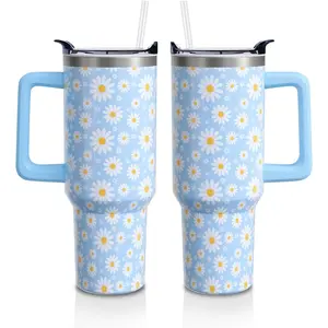 Daisy Floral Gifts Cup for Women Girls, 40oz Tumbler with Handle and Straw, Blue Daisies Flowers Lover Stainless Steel Water Bottle Mug (1PC)