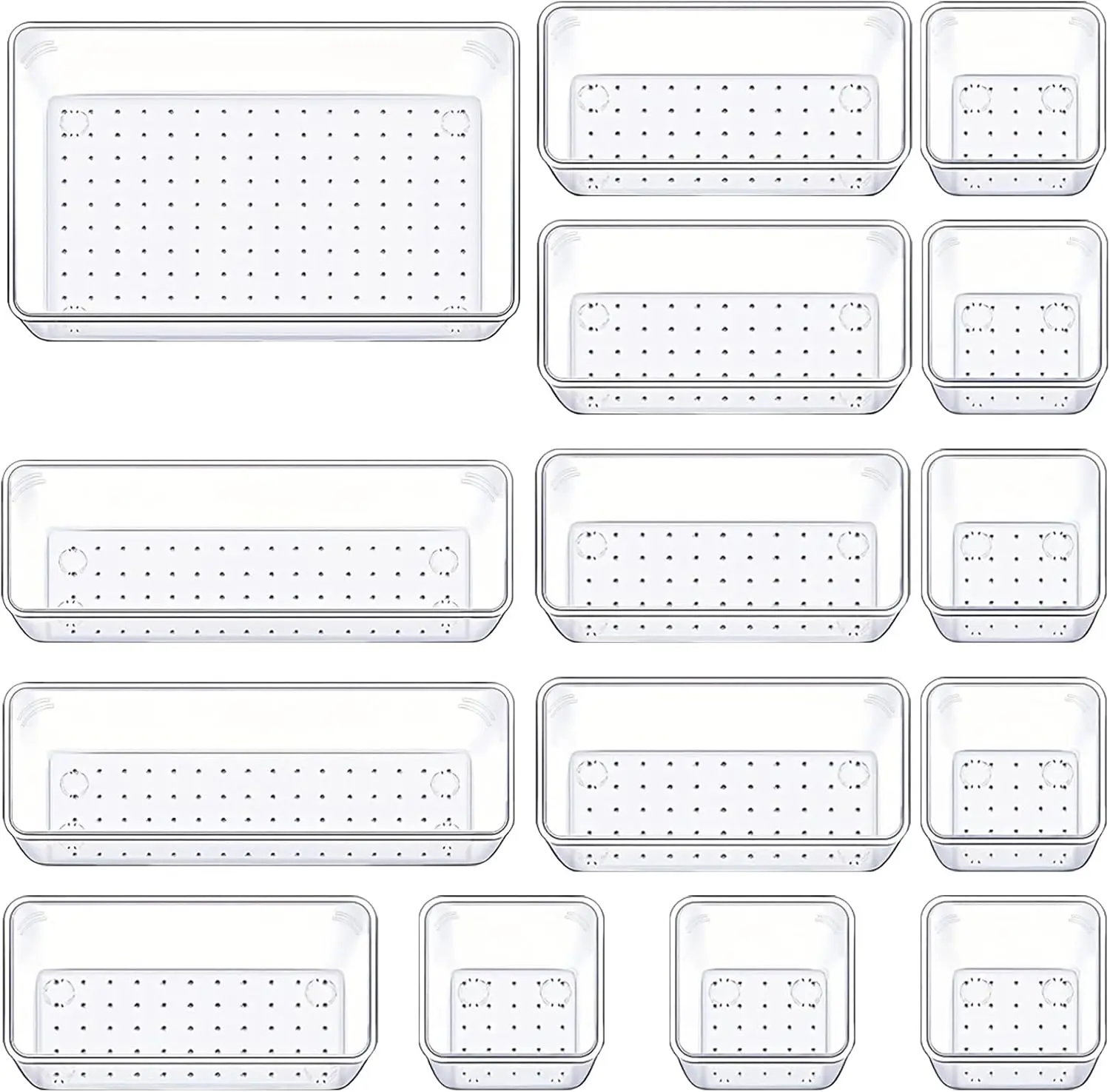Drawer Organizers Set of 15, 4 Sizes Clear Plastic Drawer Organizers and Storage Bins for Kitchen, Bathroom, Office, Dresser Desk Drawer Organizer Tray for Jewelry, Makeup, Junk, Gadgets