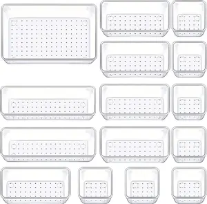 Drawer Organizers Set of 15, 4 Sizes Clear Plastic Drawer Organizers and Storage Bins for Kitchen, Bathroom, Office, Dresser Desk Drawer Organizer Tray for Jewelry, Makeup, Junk, Gadgets