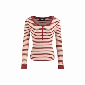 Cider Cotton-blend Round Neckline Striped Contrasting Binding Long Sleeve Top Dealsforyou