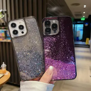 Ins-style Western liquid glitter case – fits iPhone 12/13/14/15/16 Pro Max, clear with flowing purple glitter, viral trendy design!