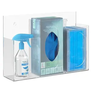 Hygiene Dispenser Sanitation Station with Three Compartment, Gloves  Hairnets Box Holder, Wall Mount or Tabletop Clear Storage Containers