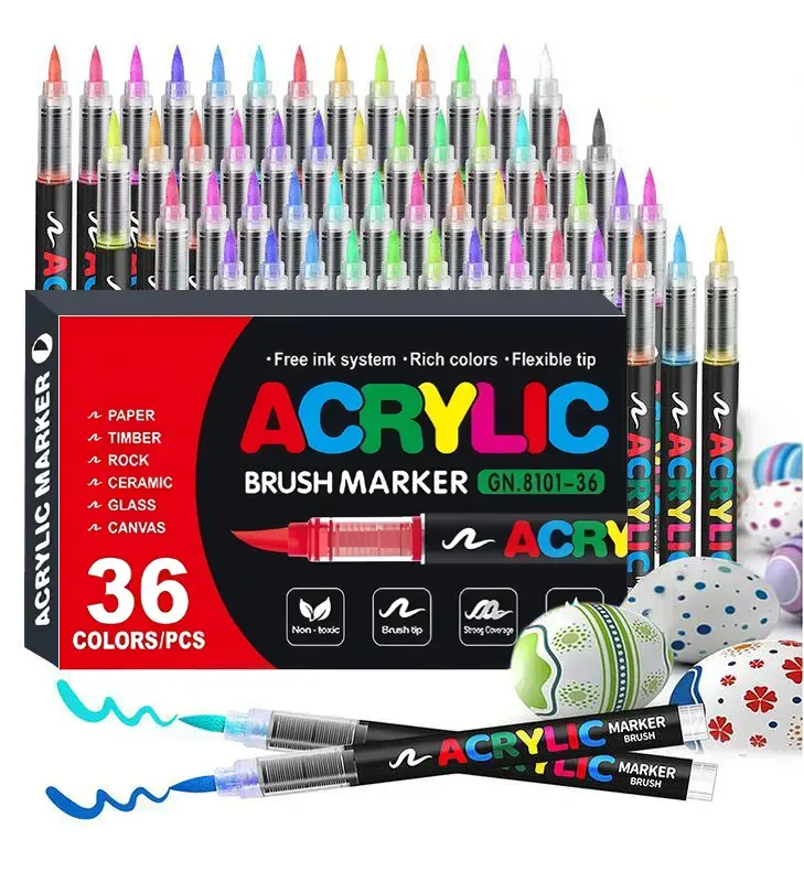 Acrylic Paint Markers Brush Tip, 36 Vivid Color with Direct-Liquid Ink System, Professional-Grade Paint Pen for Rock Painting, Books Coloring, Note Taking, Card Writing, Ceramic, Wood, Canvas, Glass, Stone, Fabric, DIY Crafts, Drawing Art Supplies Kit