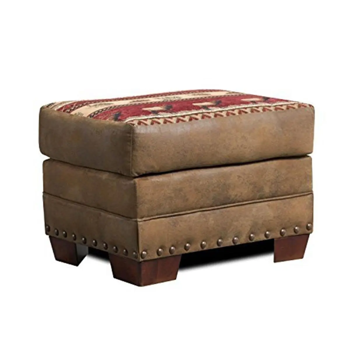 212 MAIN Sierra Lodge Ottoman - Lodge-Inspired Indoor Cushioned Stool, Solid Wood Frame Storage Footstool with High-Density Support, Tapestry Top, Nail Accents for Living Room Furniture Decor