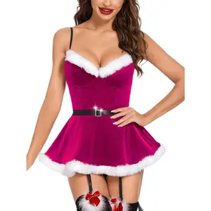 Avidlove Christmas Lingerie for Women Sexy Santa Babydoll V Neck Velvet Lingerie with Cute Corset