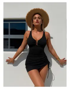 Women's Swimdress One Piece Swimsuit Tummy Control V Neck U Ring Bathing Suit Drawstring Swimwear for Surfing Beach Pool Vacation Adjustable Straps