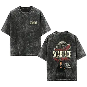 [EOVCAU]"Scarface" Washed Cotton T-Shirt — Double-Sided Print, Y2K Streetwear Style, Short Sleeve. Featuring The Theme "The World Is Yours," This Is An Excellent Choice For Film Buffs And Streetwear Enthusiasts Alike. Men'S Casual T-Shirt.