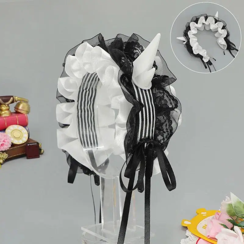 Lolita Sweet Ruffled Lace Bow Dragon Horns Headband Devil Horn Hairband Anime Maid Cosplay Props Costume Accessories