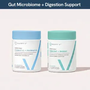 Happy V Bloat Buster Kit: Women's Prebiotic + Probiotic & Debloat + Digest, 23 Digestive Enzymes Microbiome Flora Support