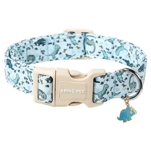 ARING PET Blue Dinosaur Dog Collar with Cute Charm, Adjustable & Fashionable Cotton Pet Accessory for All Dog Breeds