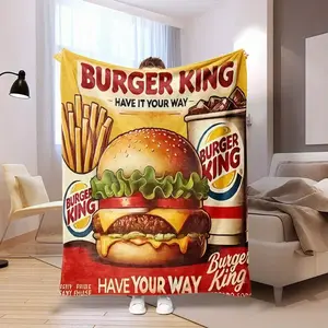 A digital print flannel blanket, Throw blanket, featuring a Burger King fast food design, suitable for sofas, beds, travel, camping. Made of warm, comfortable, and soft fabric, machine washable, ideal as a birthday or holiday gift