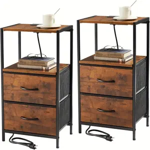 2PCS Nightstand with Charging Station,Modern Side End Table with USB Ports and Outlets End Table with 2 Fabric Drawers with Open Shelf  for Bedroom Living Room, Black