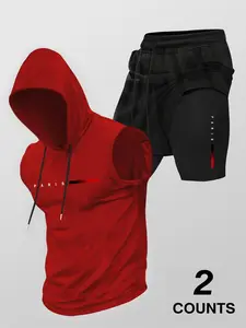 Two-Piece Set Men's Letter Print Hooded Tank Top & Drawstring Waist Shorts Set, Regular Fit Sleeveless Top & Track Shorts, Casual Summer Clothes Set for Outdoor Sports