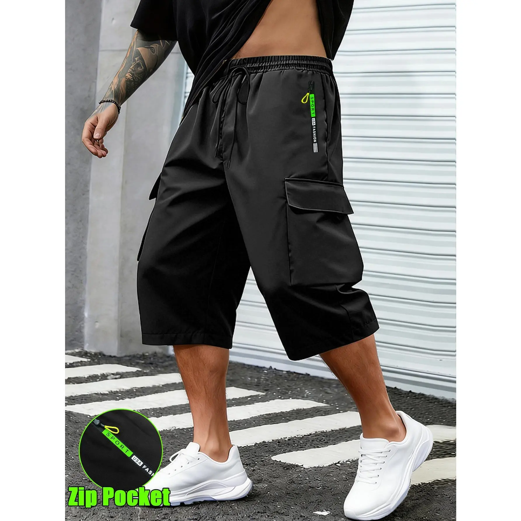 Plus Size Men's Camo Print Multi-Pocket Drawstring Ankle Cargo Pants, Lightweight Breathable Streetwear