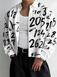 INCERUN Men's Simple Striped Number Short Sleeve Shirt, Casual Daily Wear for Spring & Fall, Stylish Long Sleeve Top for Men