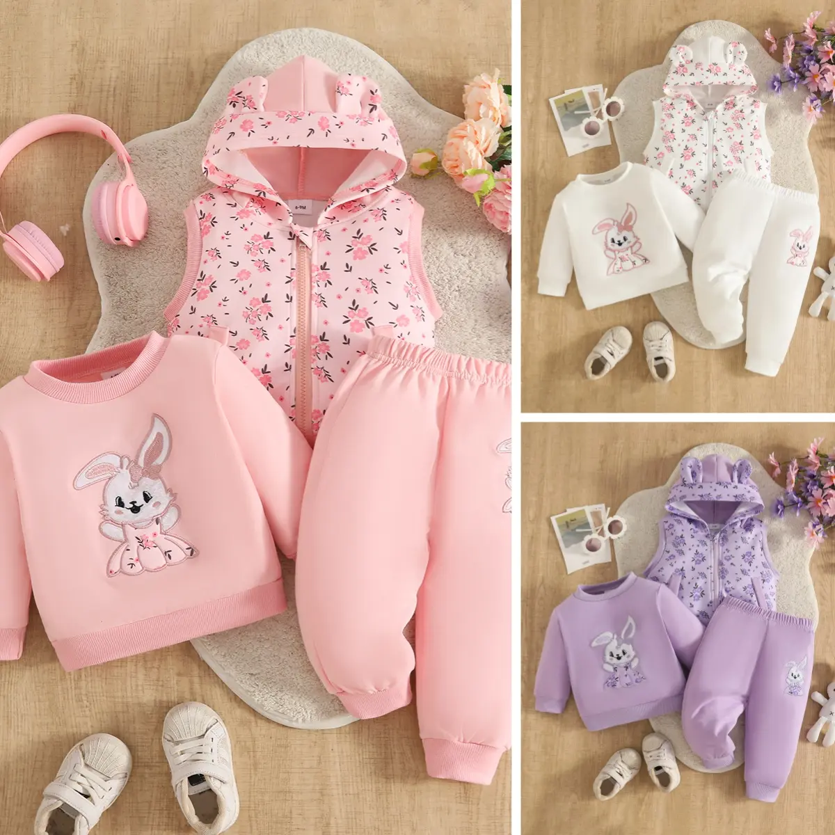 Kids 3 Piece Bunny Print Hoodie Sweatpants & Vest Set Soft Cotton Casual Fall Outfit for Girls