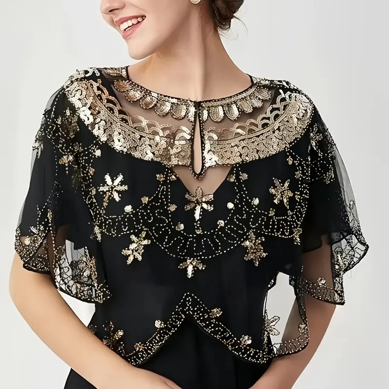 Women's 1pc 1920s Vintage Polyester Beaded Lace Shawl - Sequin-Embellished, Embroidered Stole, Wedding Shawl for Formal Wear, Hand Wash Only
