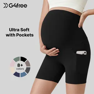 G4Free Barefeel Maternity Biker Shorts with Pockets Over The Belly Legging 5" Pregnancy Yoga Pants Athletic Workout Black Soft Skin-Like Touch High Elasticity Breathable Wicking Fast Drying Two Practical Pockets All Match Active Shorts